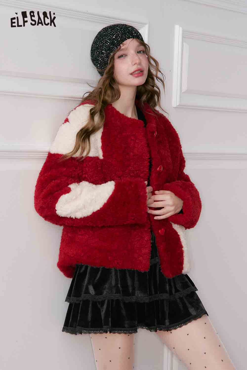 ELFSACK lace trim suede mini skirt paired with a cozy red and white fuzzy jacket