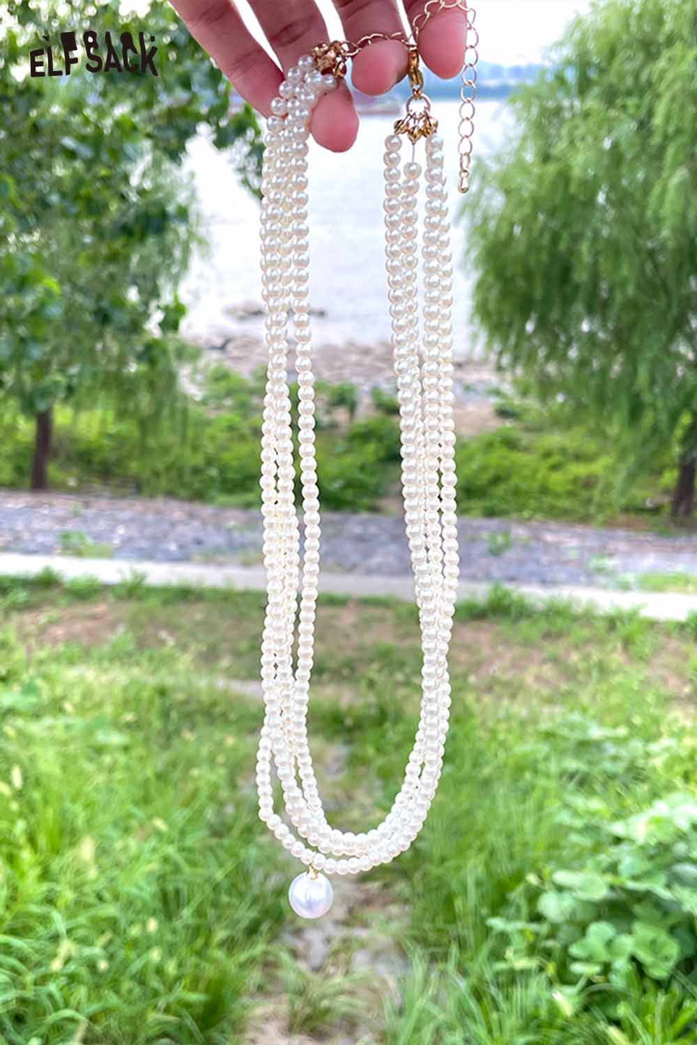 ELFSACK layered pearl choker necklace featuring multiple strands of elegant pearls