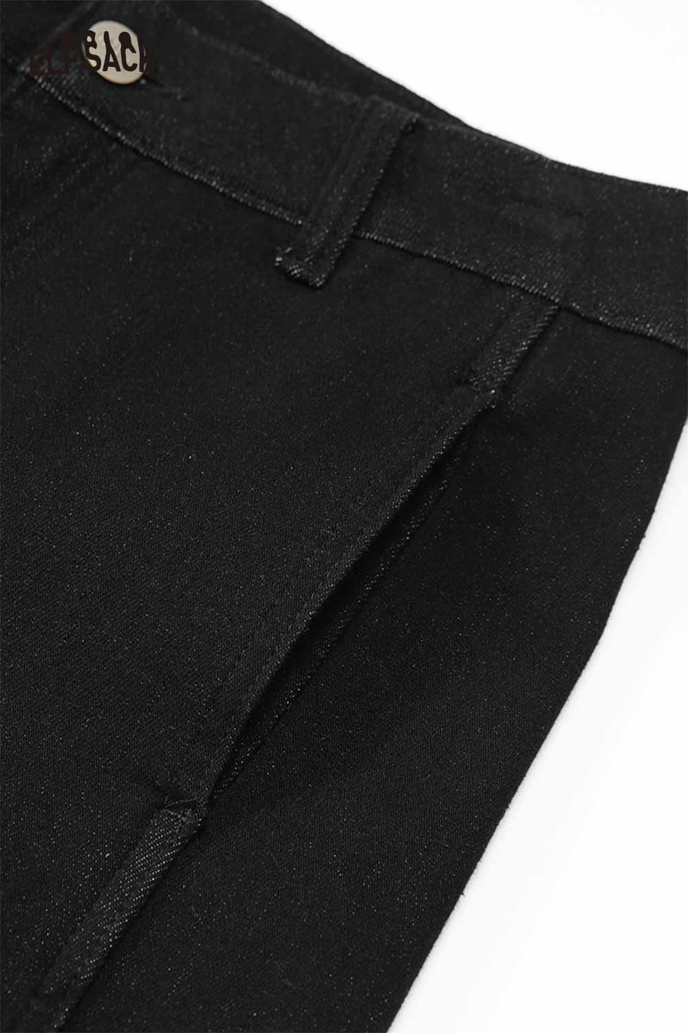 ELFSACK leaf print floor length jeans in a stylish black design with detailed stitching