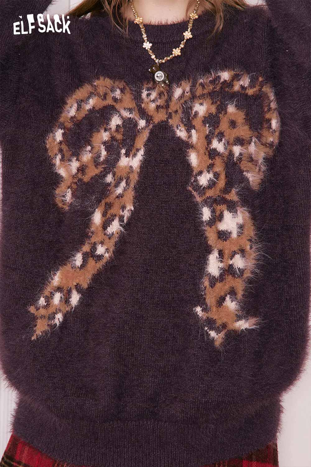 ELFSACK leopard bow graphic sweater in brown with fuzzy texture for a stylish look