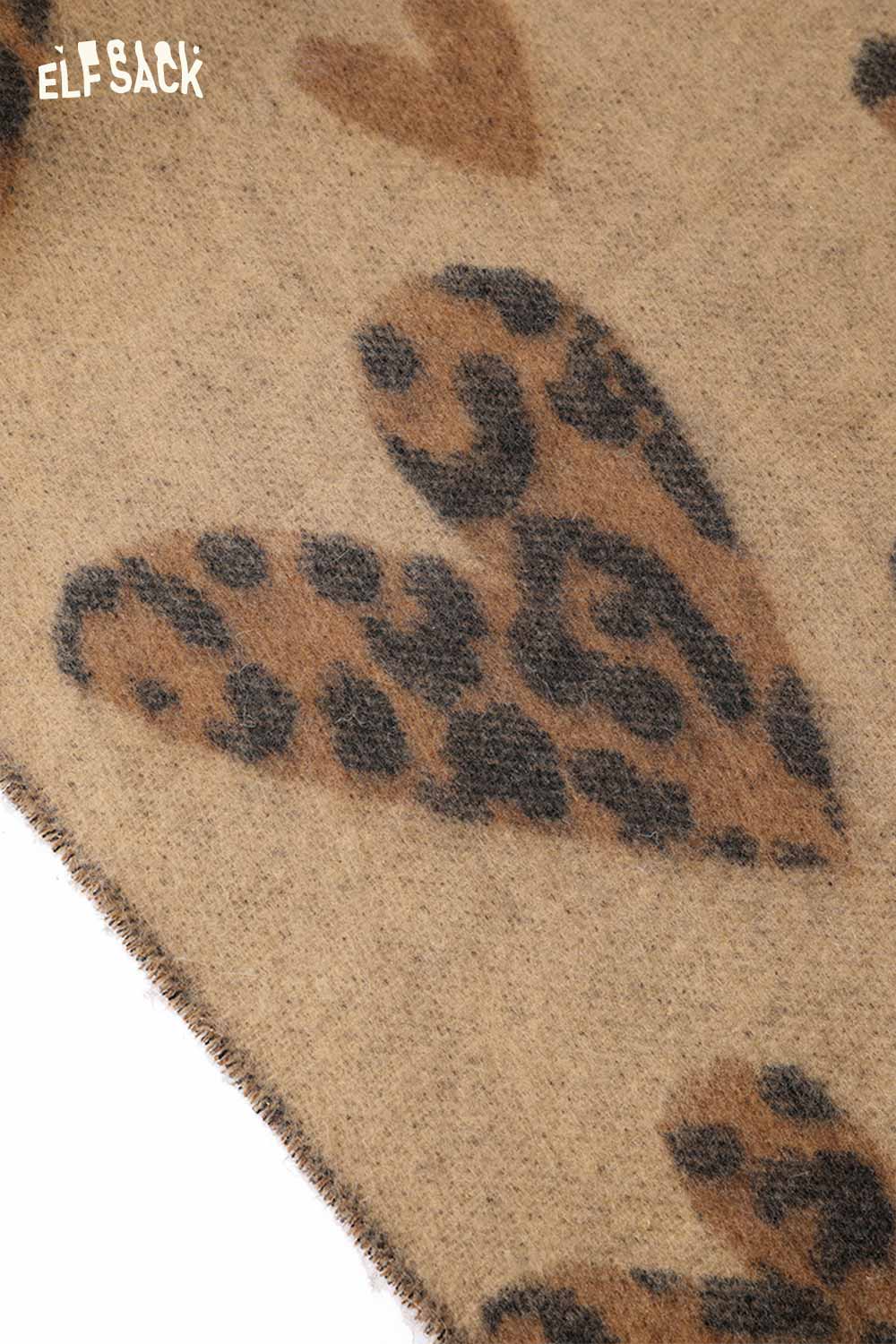 ELFSACK leopard heart fringe scarf featuring a soft fabric with leopard print hearts
