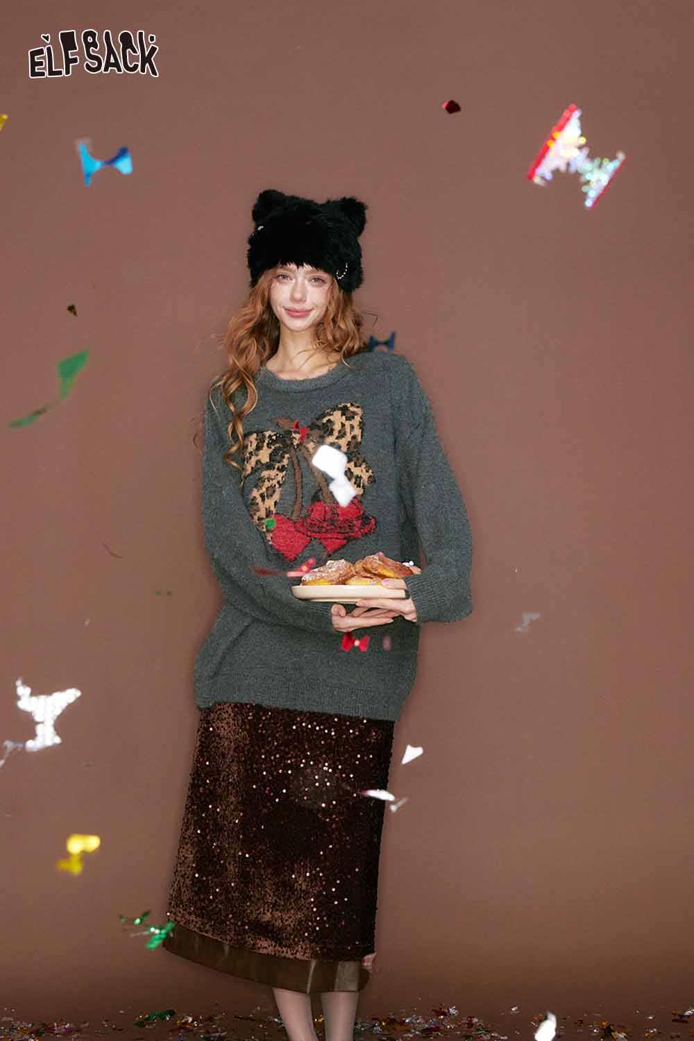 ELFSACK leopard print graphic sweater featuring a playful design and cozy fit for casual wear