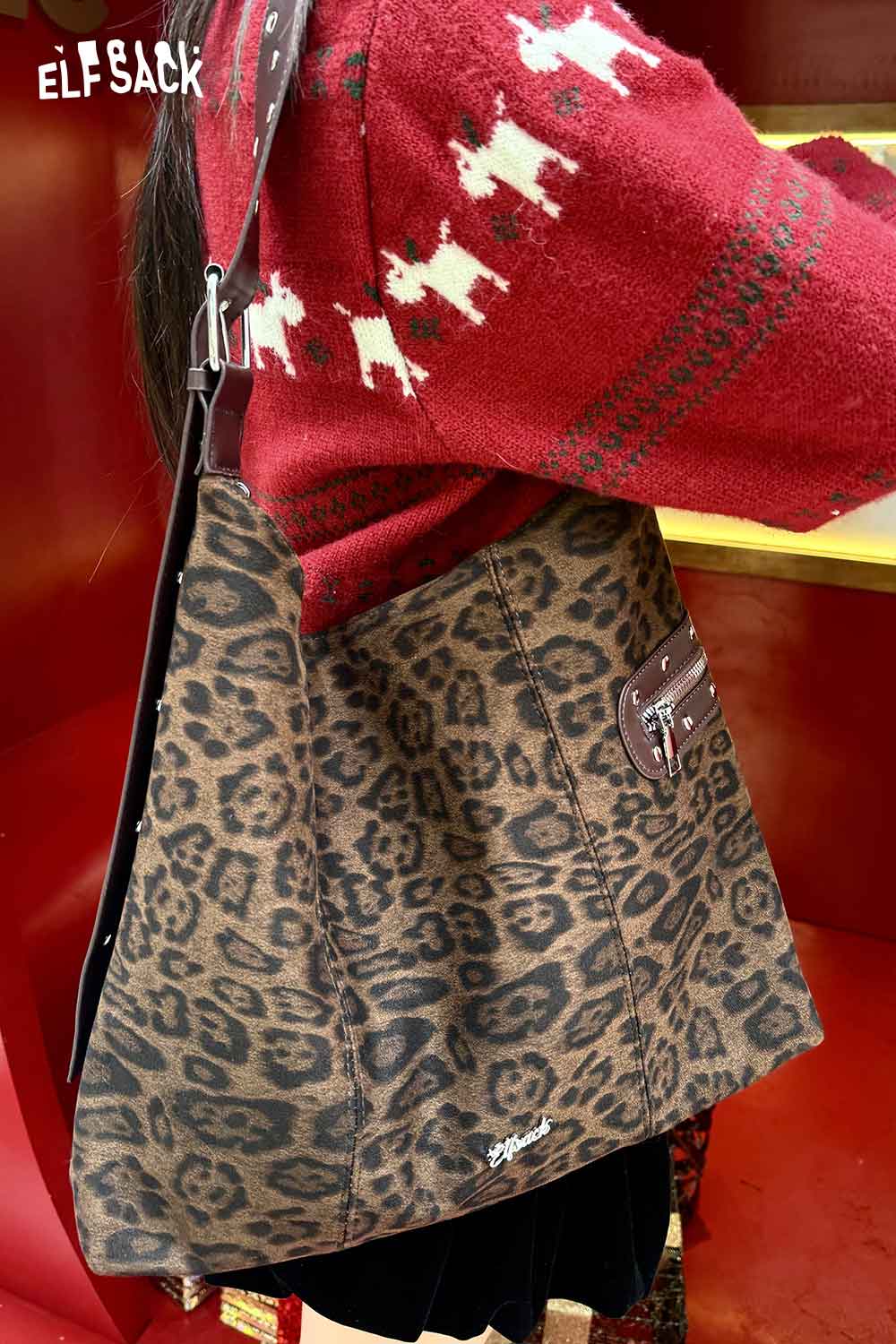 ELFSACK leopard print suede crossbody bag with stylish design for everyday use