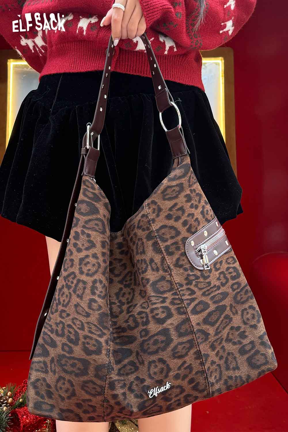 ELFSACK leopard print suede crossbody bag with adjustable straps and zipper pocket for style and convenience