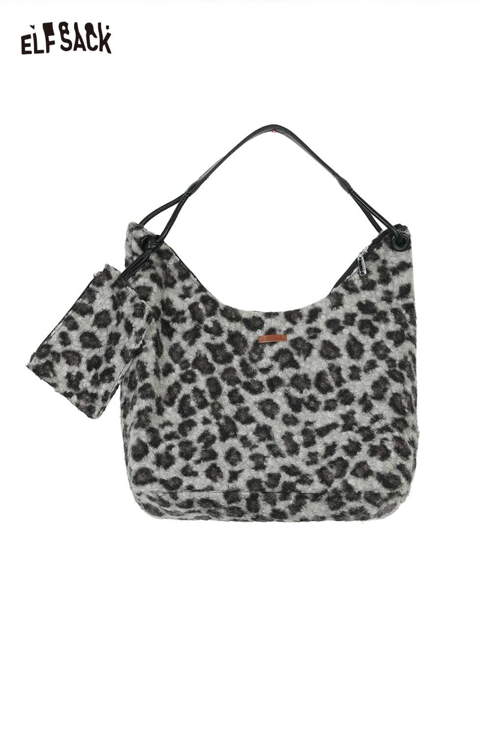ELFSACK leopard print tote bag with a soft textured design and detachable pouch for versatile styling