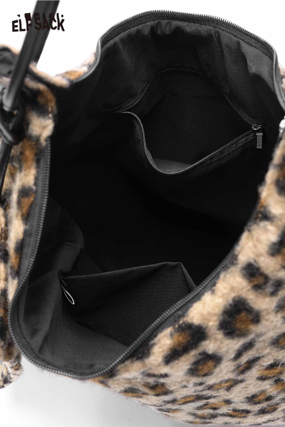 Inside view of ELFSACK leopard print tote bag featuring spacious compartments and a zipper pocket