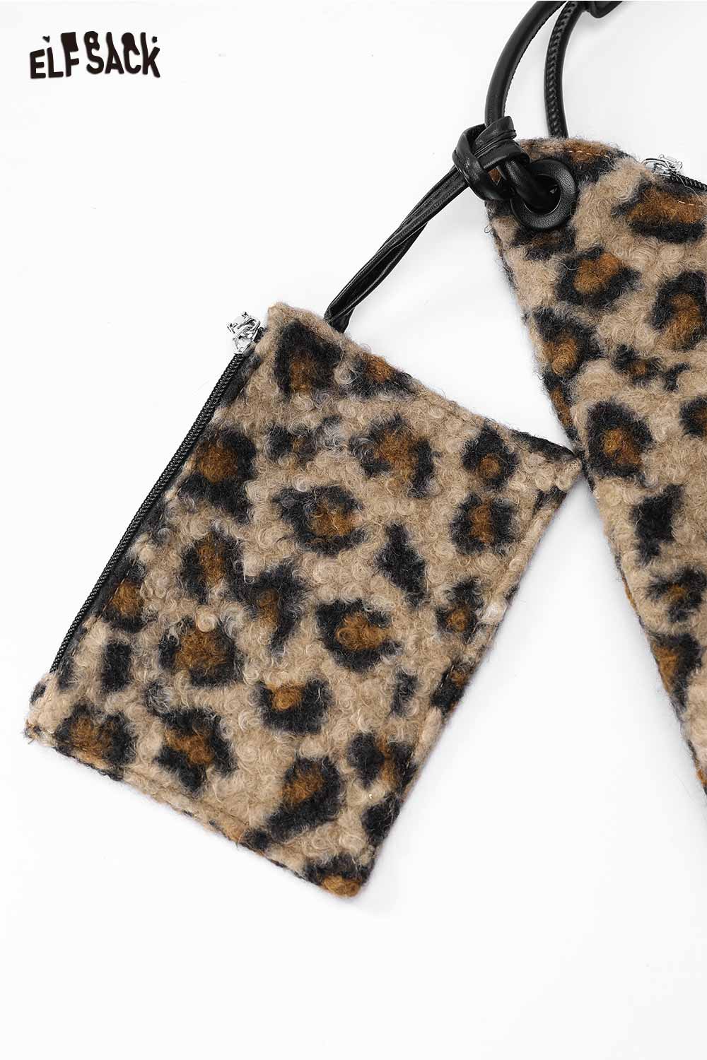 ELFSACK leopard print tote bag with furry texture and zippered pocket detail