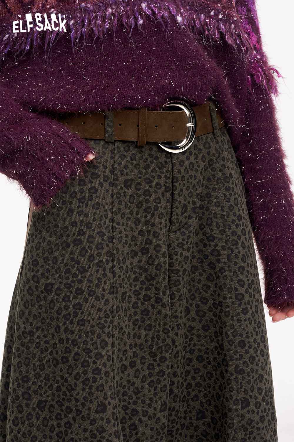 ELFSACK leopard print wide leg pants with a stylish belt and a cozy sweater for a trendy look