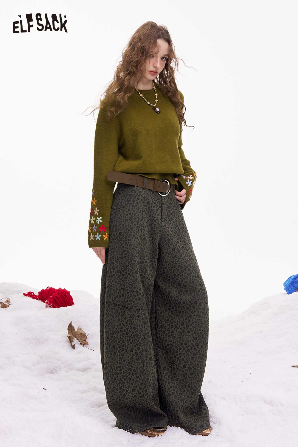 ELFSACK leopard print wide leg pants designed for a fashionable and comfortable fit in winter styles