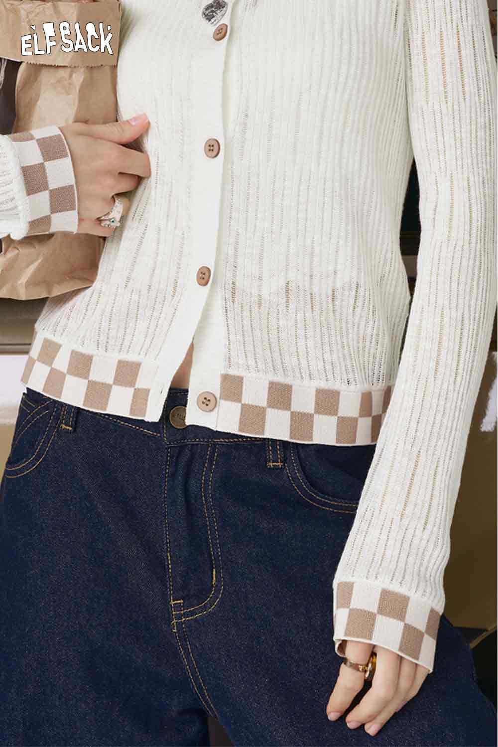 ELFSACK model wearing mint checkered knit cardigan with wood buttons ribbed texture check hem and cuff paired with dark jeans