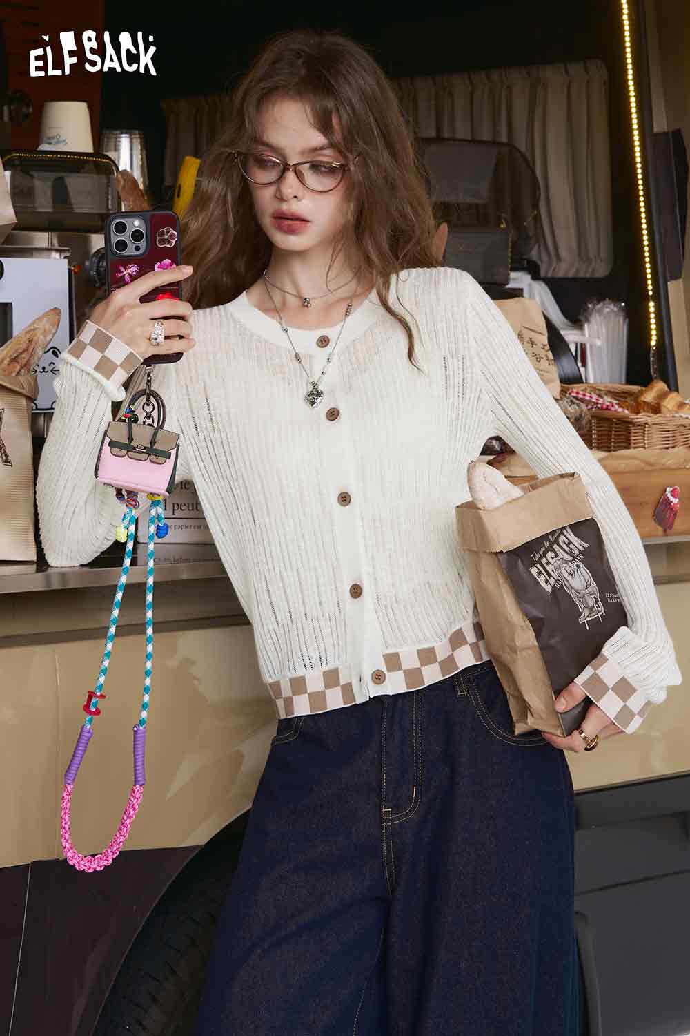 ELFSACK model wearing mint checkered knit cardigan button front with checked hem and cuffs casual outfit