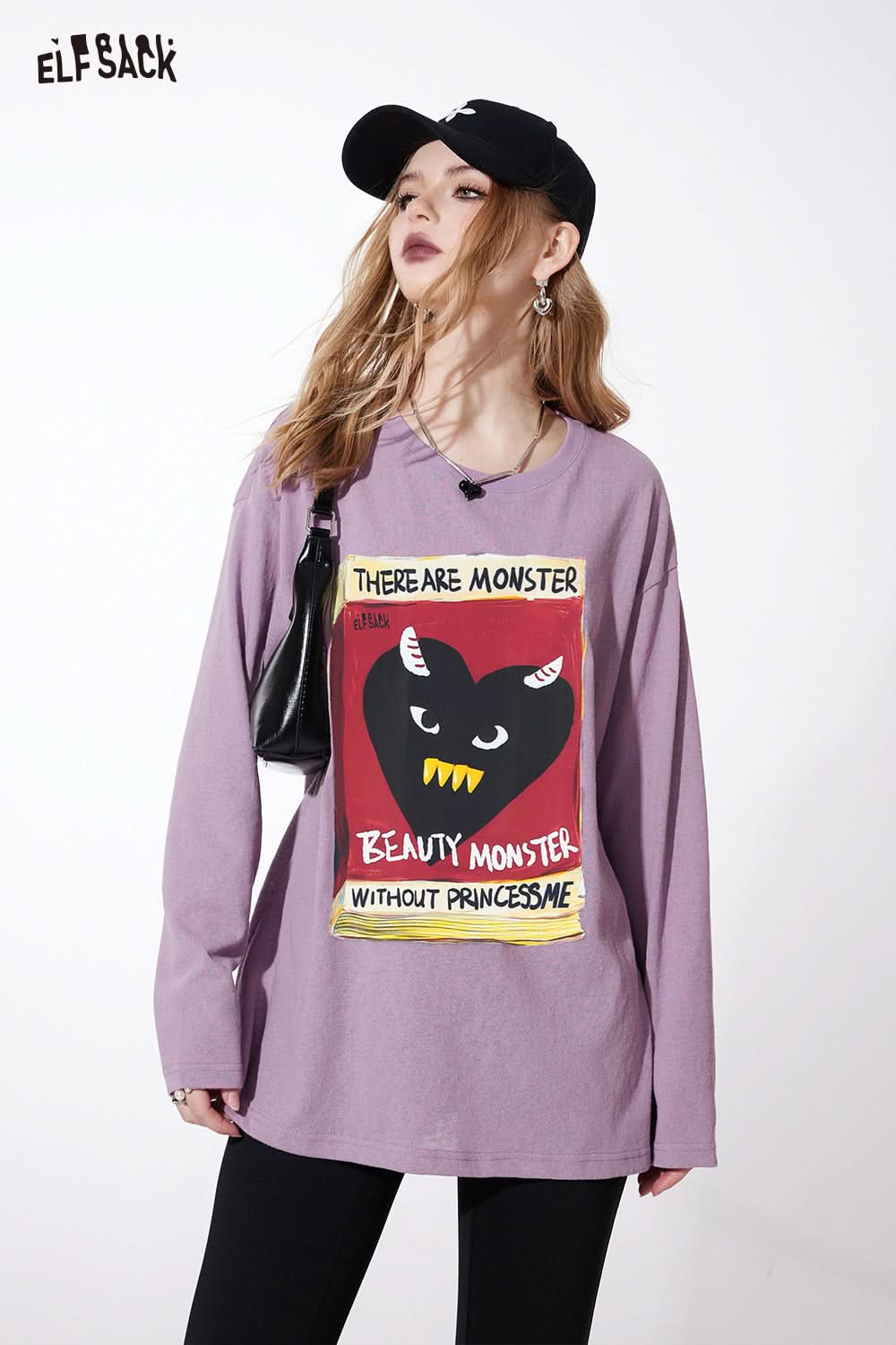 ELFSACK purple long sleeve t-shirt with colorful graphic print of a monster heart design