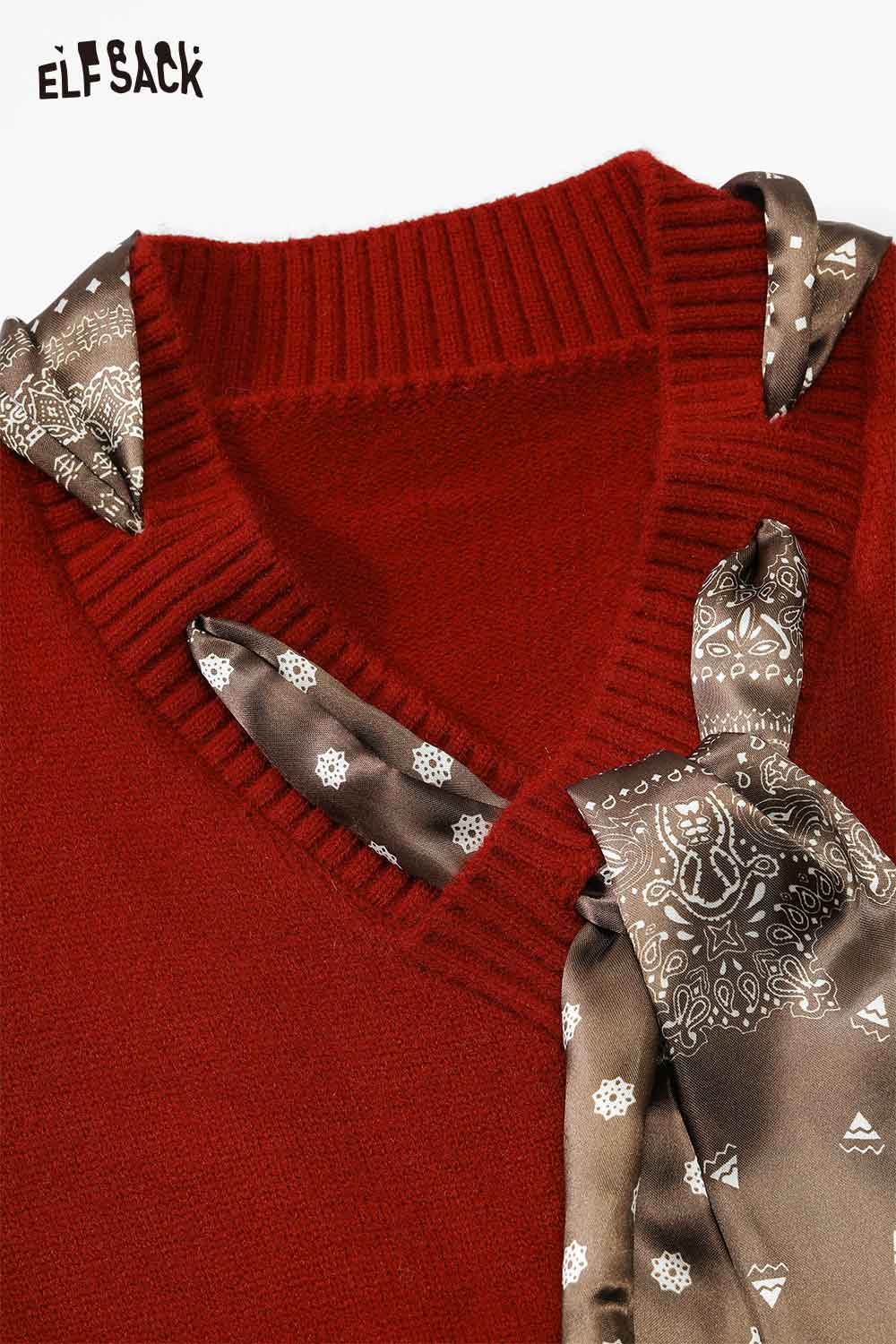 ELFSACK loose knit dress for women in burgundy with decorative brown ribbon ties