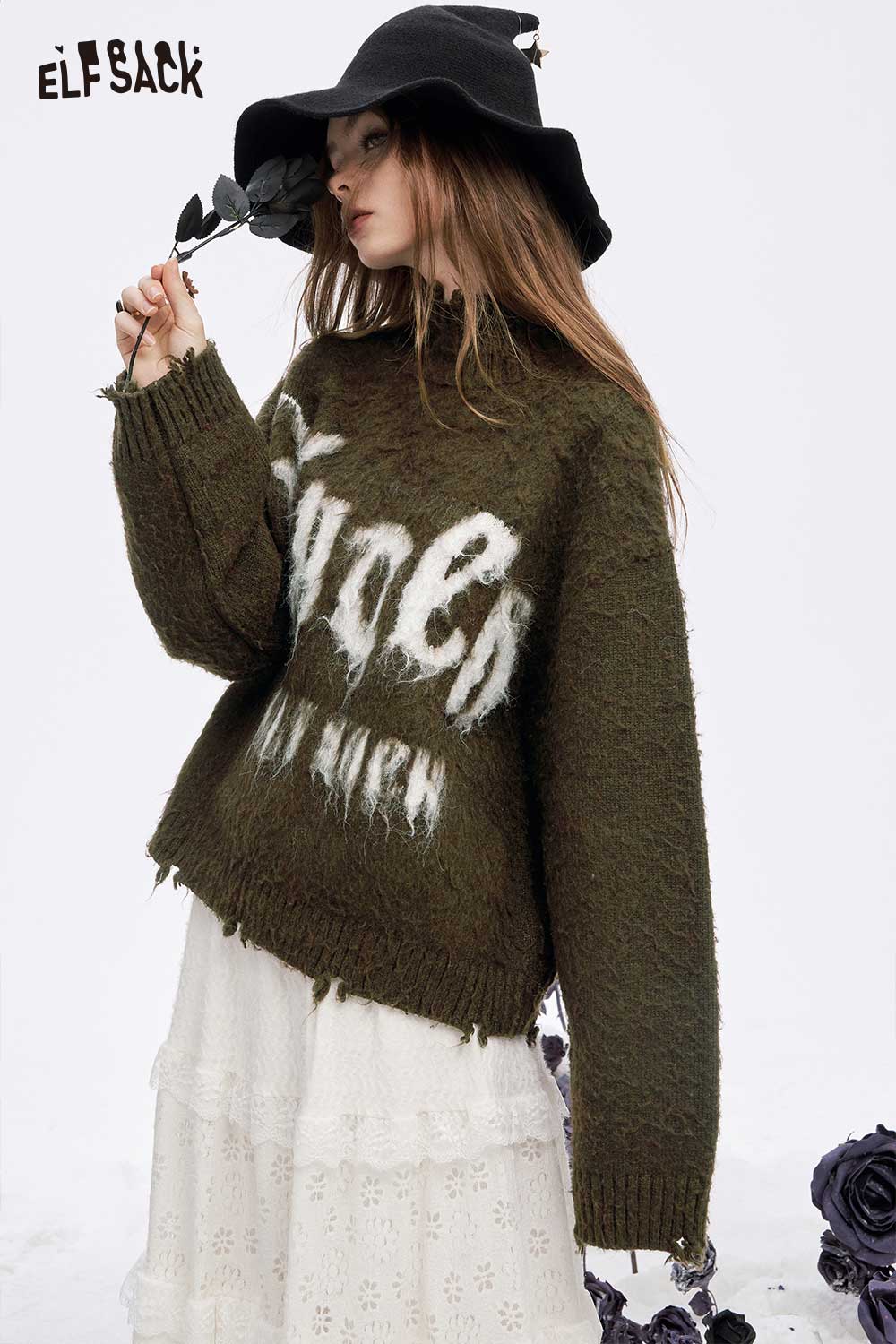 ELFSACK loose letter graphic fringe sweater in olive green with oversized fit and artistic design