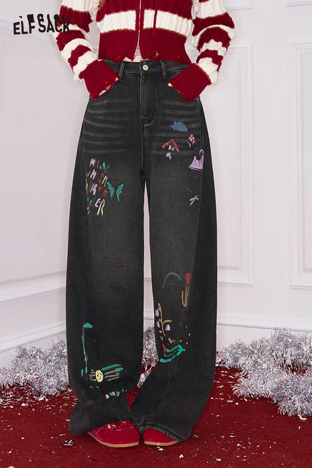 ELFSACK loose straight leg graphic jeans featuring colorful artwork for a trendy look