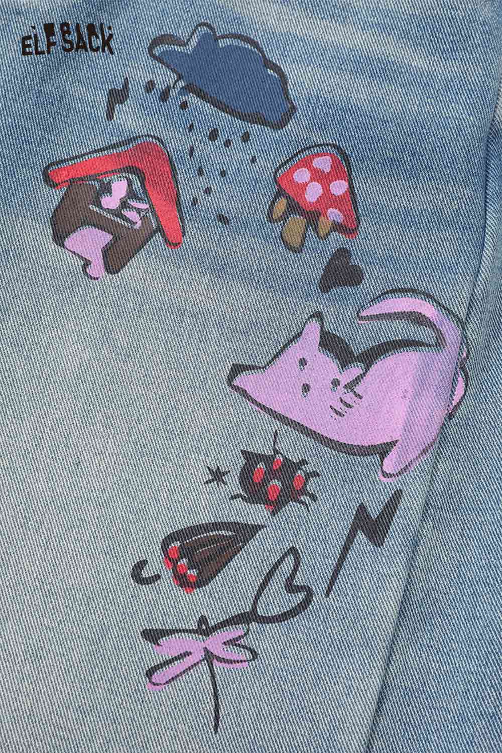 ELFSACK loose straight leg graphic jeans featuring colorful whimsical designs and playful illustrations