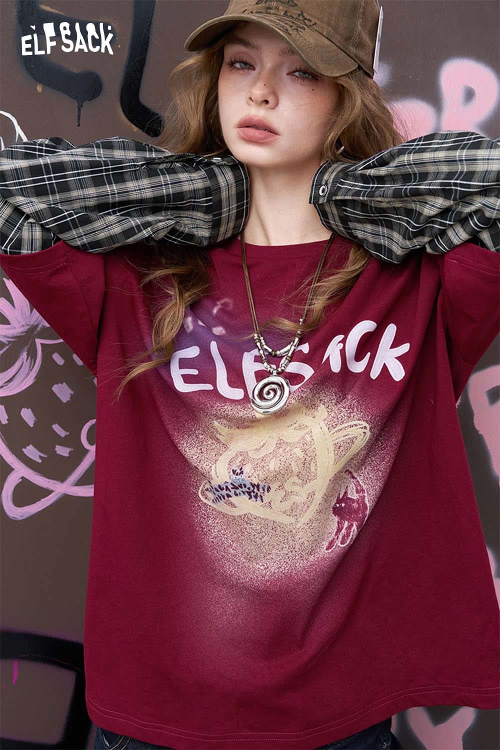 ELFSACK luminous strawberry embroidered tee burgundy oversized women top styled with plaid sleeves and cap