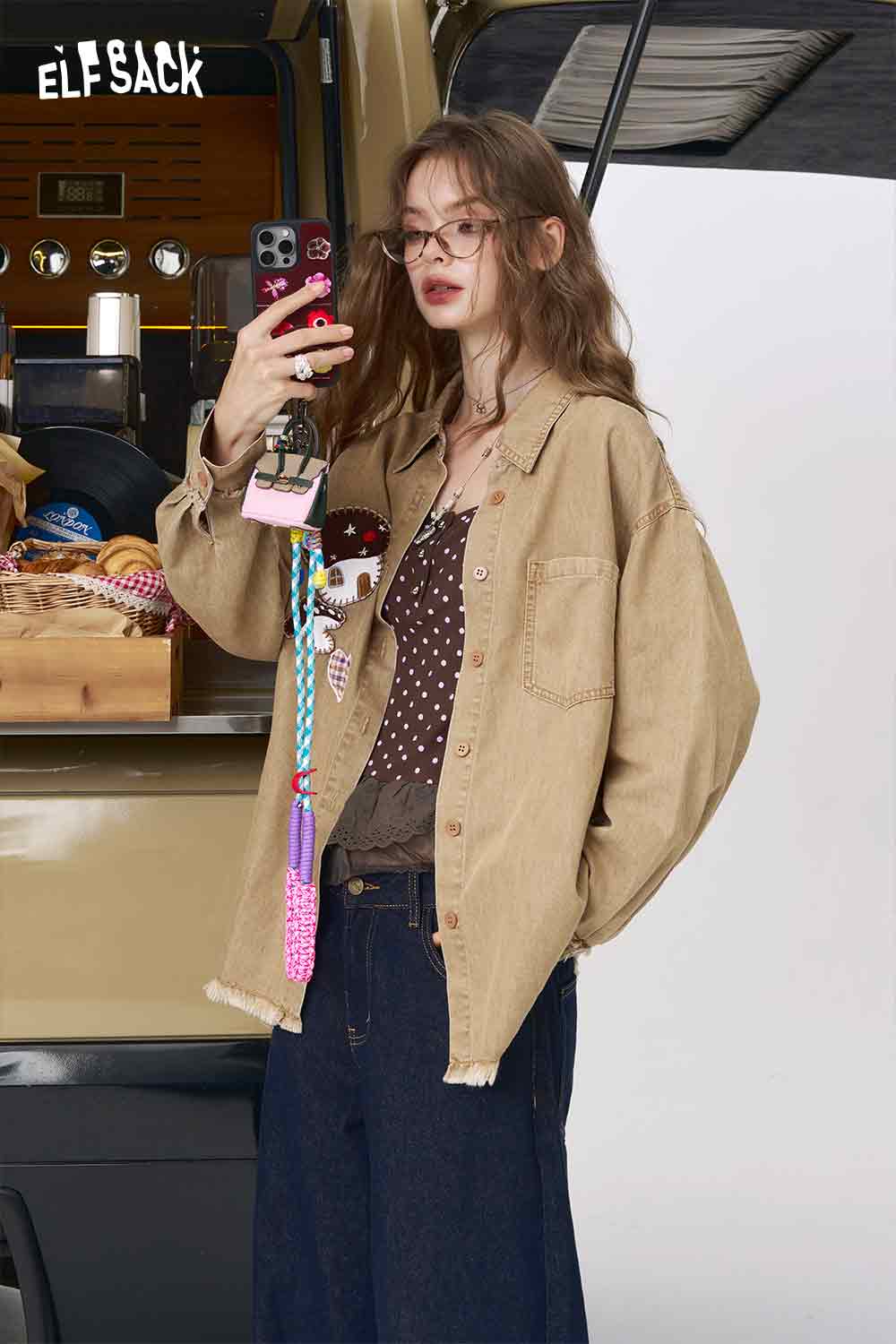 ELFSACK 3D mushroom denim shirt for women oversized beige button up with frayed hem