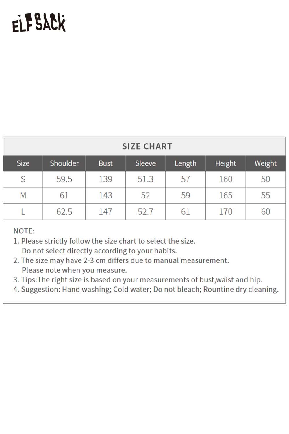 ELFSACK lyocell blend semi-sheer knit top size chart for accurate fitting guidance