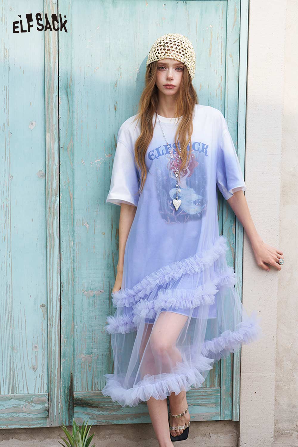 tulle t shirt dress Mermaid Print Gradient Tulle Layer T-Shirt Dress