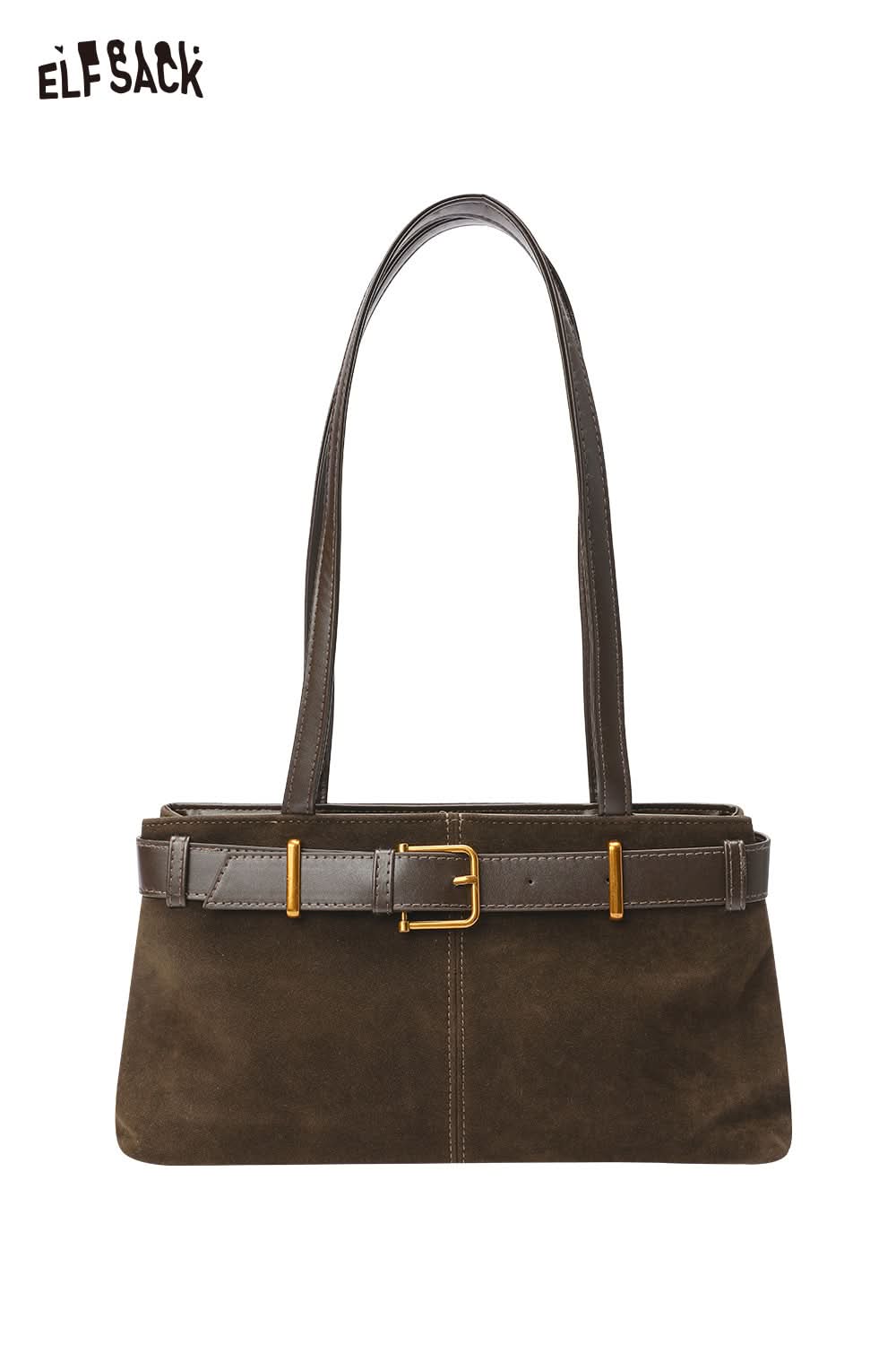 ELFSACK microsuede crossbody bag in dark brown with stylish gold buckle and comfortable straps