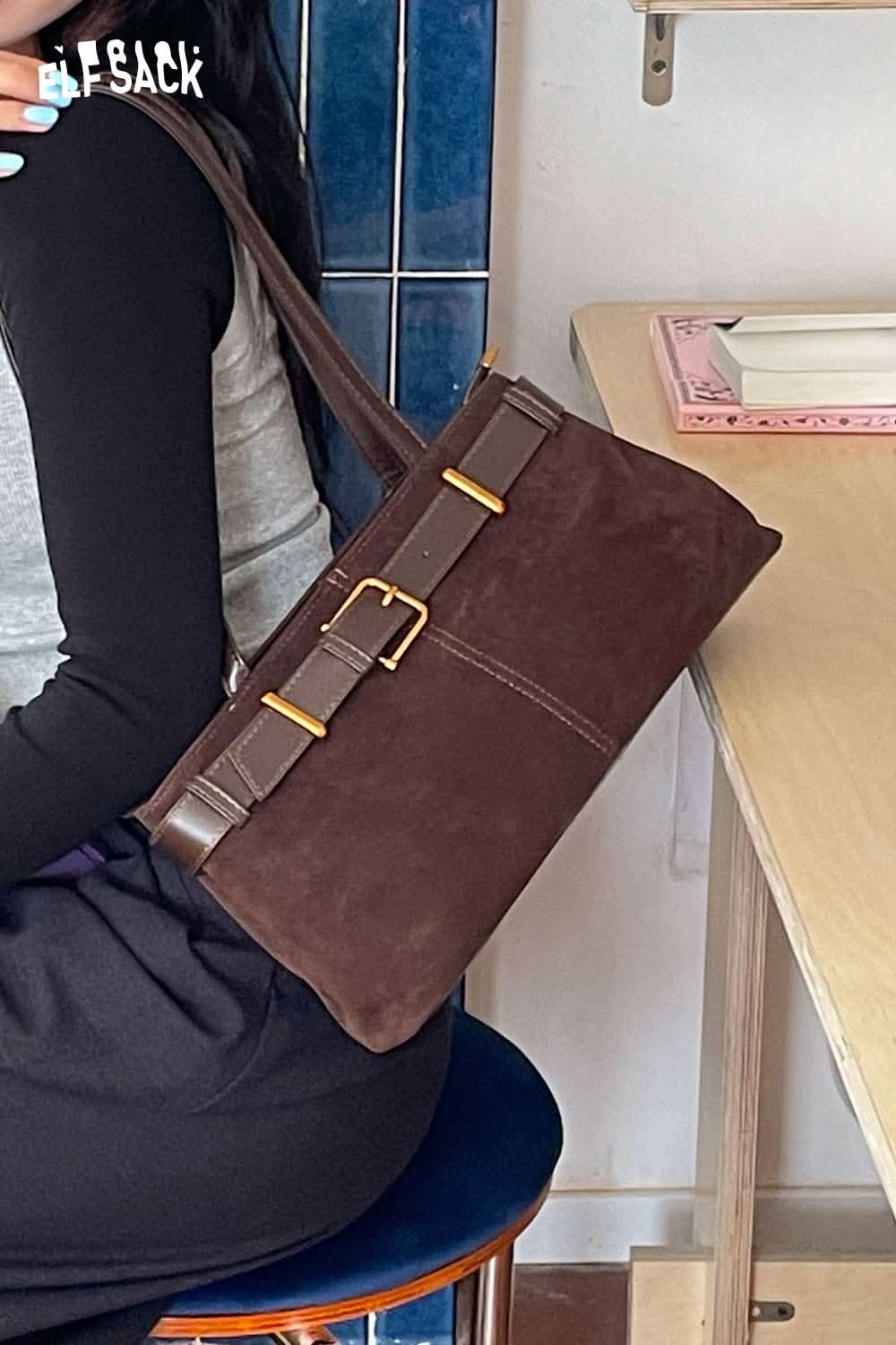ELFSACK microsuede crossbody bag in brown with stylish buckle detail for everyday use