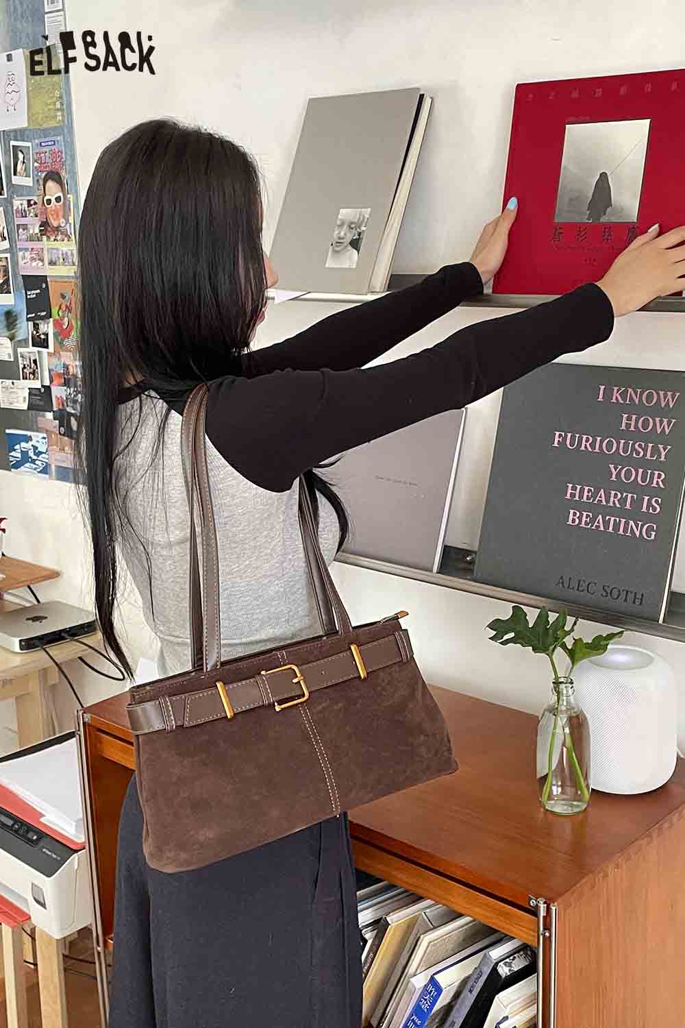 ELFSACK microsuede crossbody bag in brown, stylish and perfect for everyday use