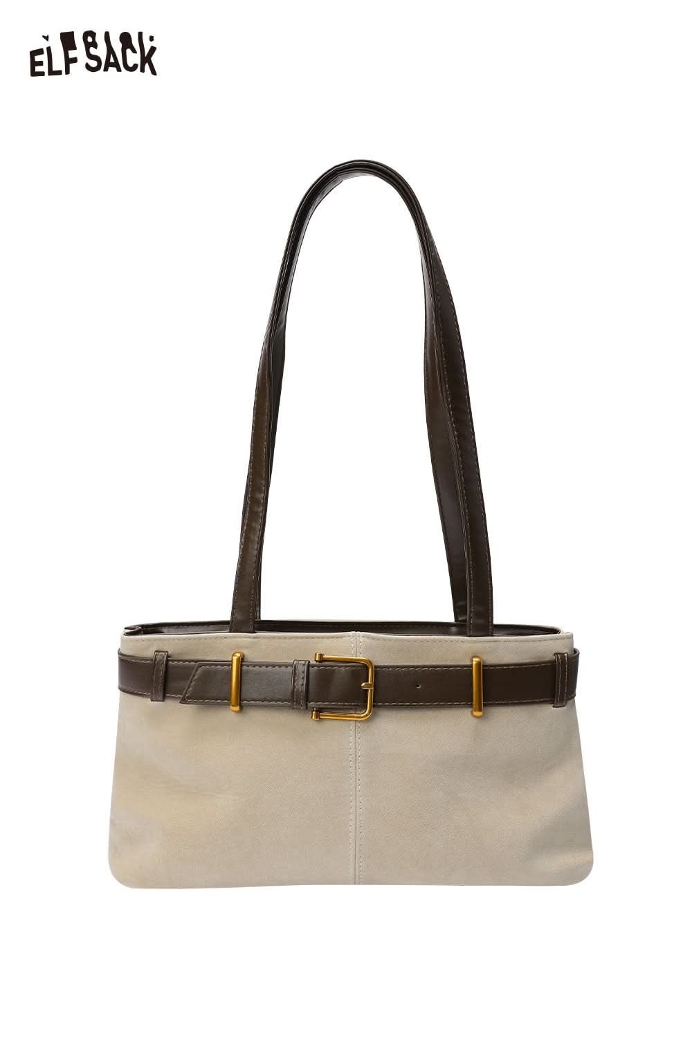 ELFSACK microsuede crossbody bag in beige with brown straps and stylish gold buckle detailing