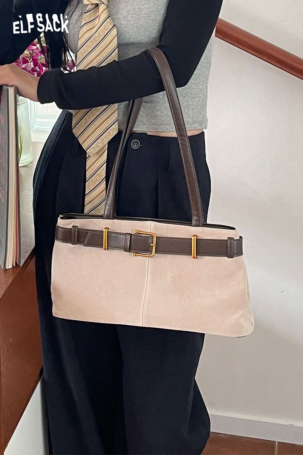ELFSACK microsuede crossbody bag with stylish buckle detail and comfortable straps