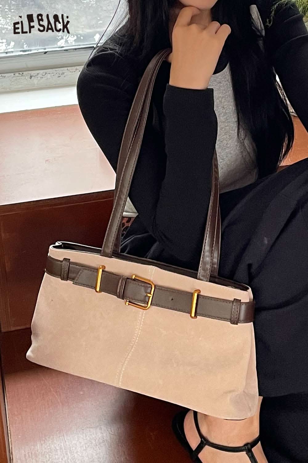 ELFSACK microsuede crossbody bag with stylish belt detail, ideal for everyday use