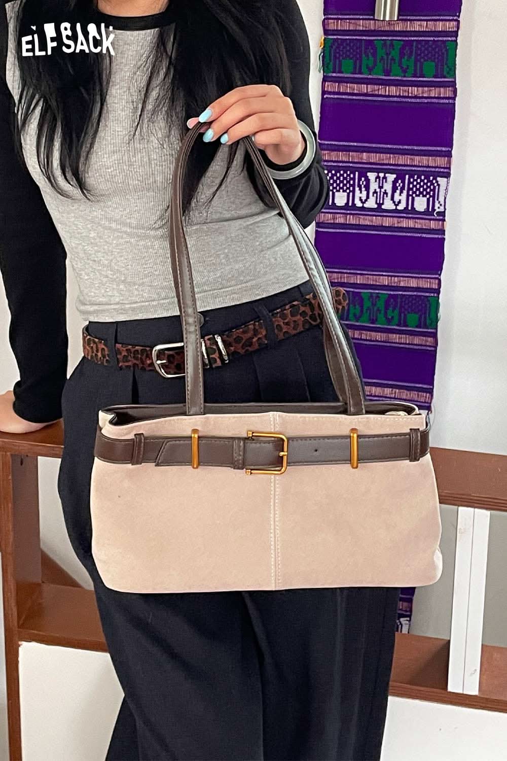 ELFSACK microsuede crossbody bag in beige with stylish buckle detail and dual handles