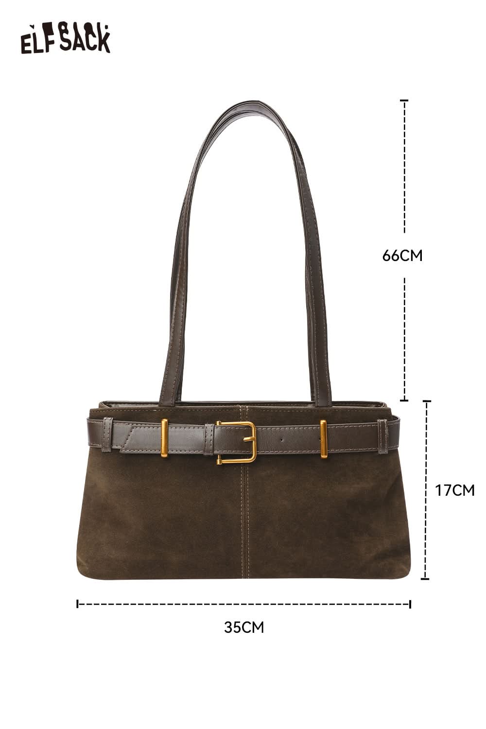 ELFSACK microsuede crossbody bag with adjustable straps and stylish buckle detail in dark brown