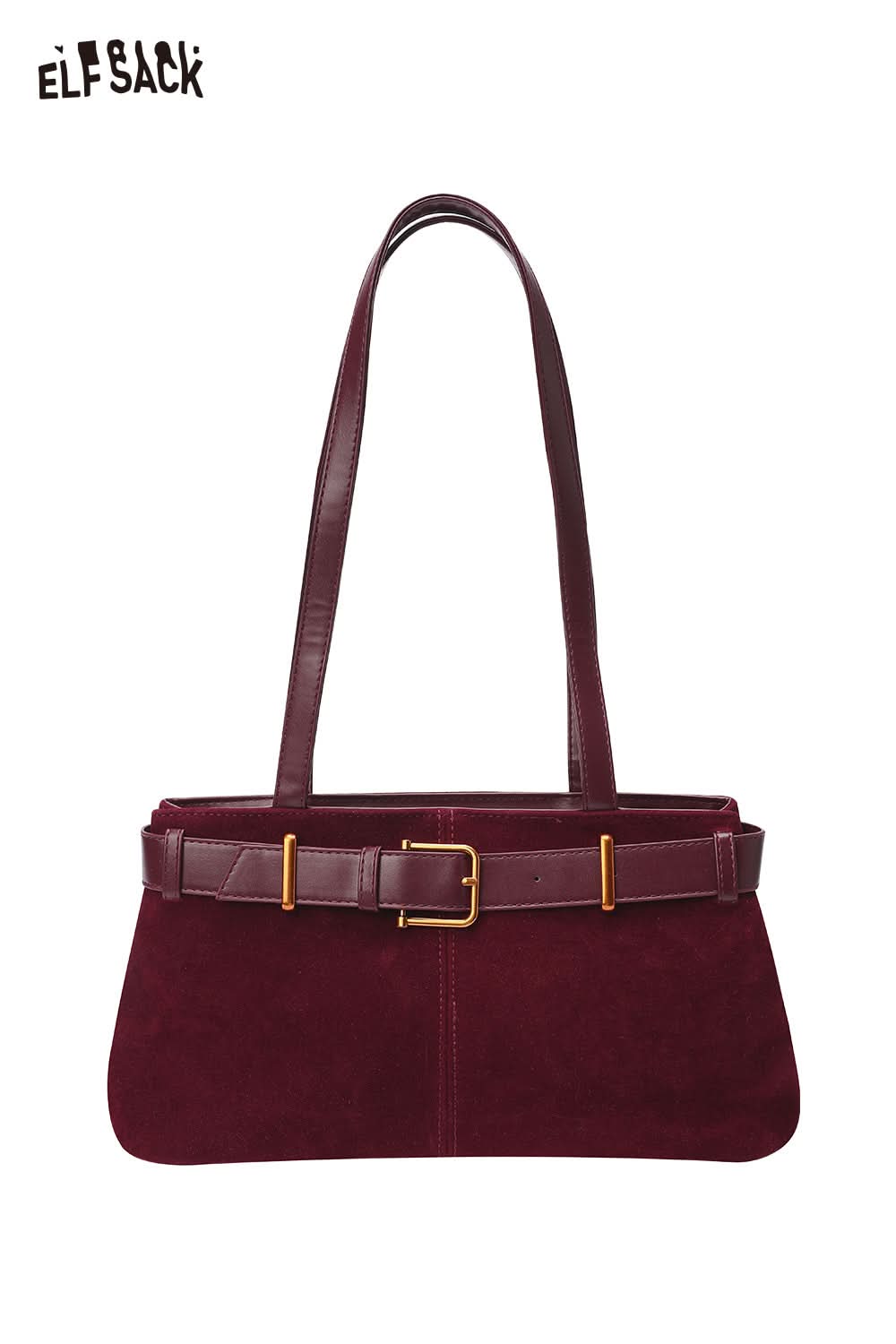 ELFSACK microsuede crossbody bag in burgundy with a stylish buckle detail and adjustable straps