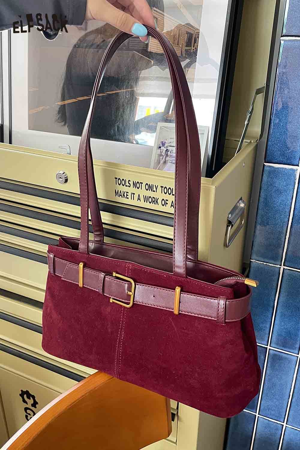 ELFSACK microsuede crossbody bag in burgundy with stylish buckle detail and long straps