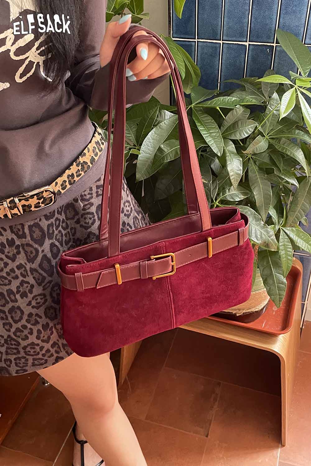 ELFSACK microsuede crossbody bag in burgundy with stylish buckle detail and adjustable straps