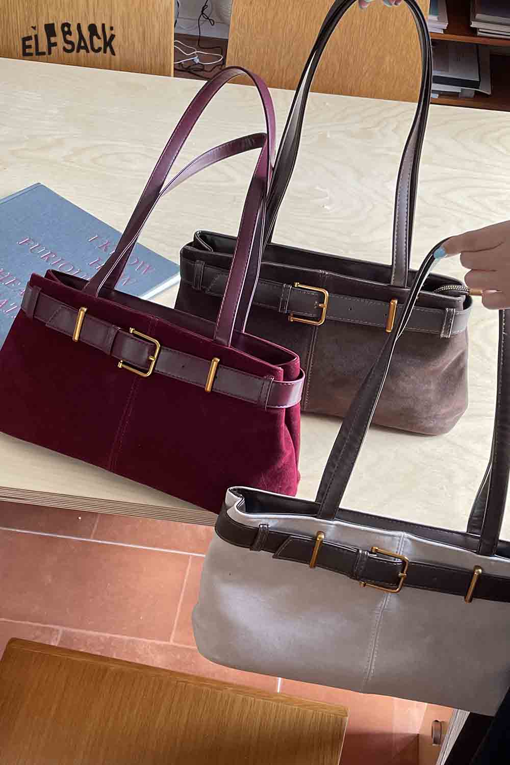 ELFSACK microsuede crossbody bag collection in burgundy, brown, and gray with stylish buckle detail