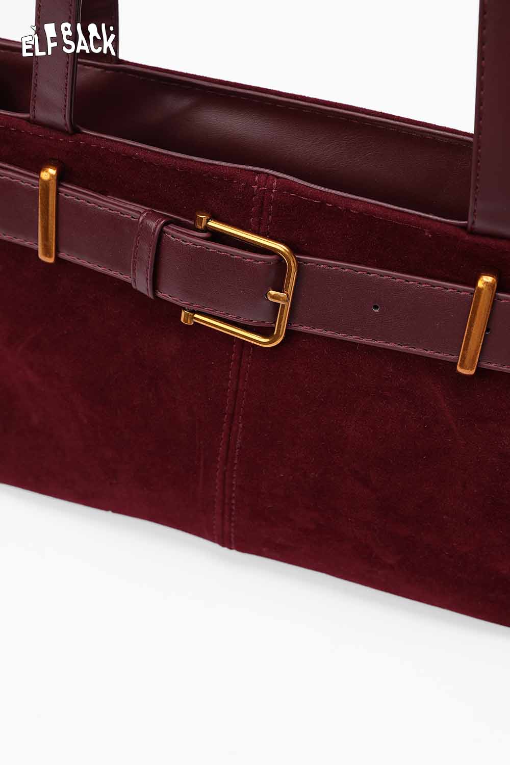 Elegant ELFSACK microsuede crossbody bag in deep burgundy with stylish buckle detail