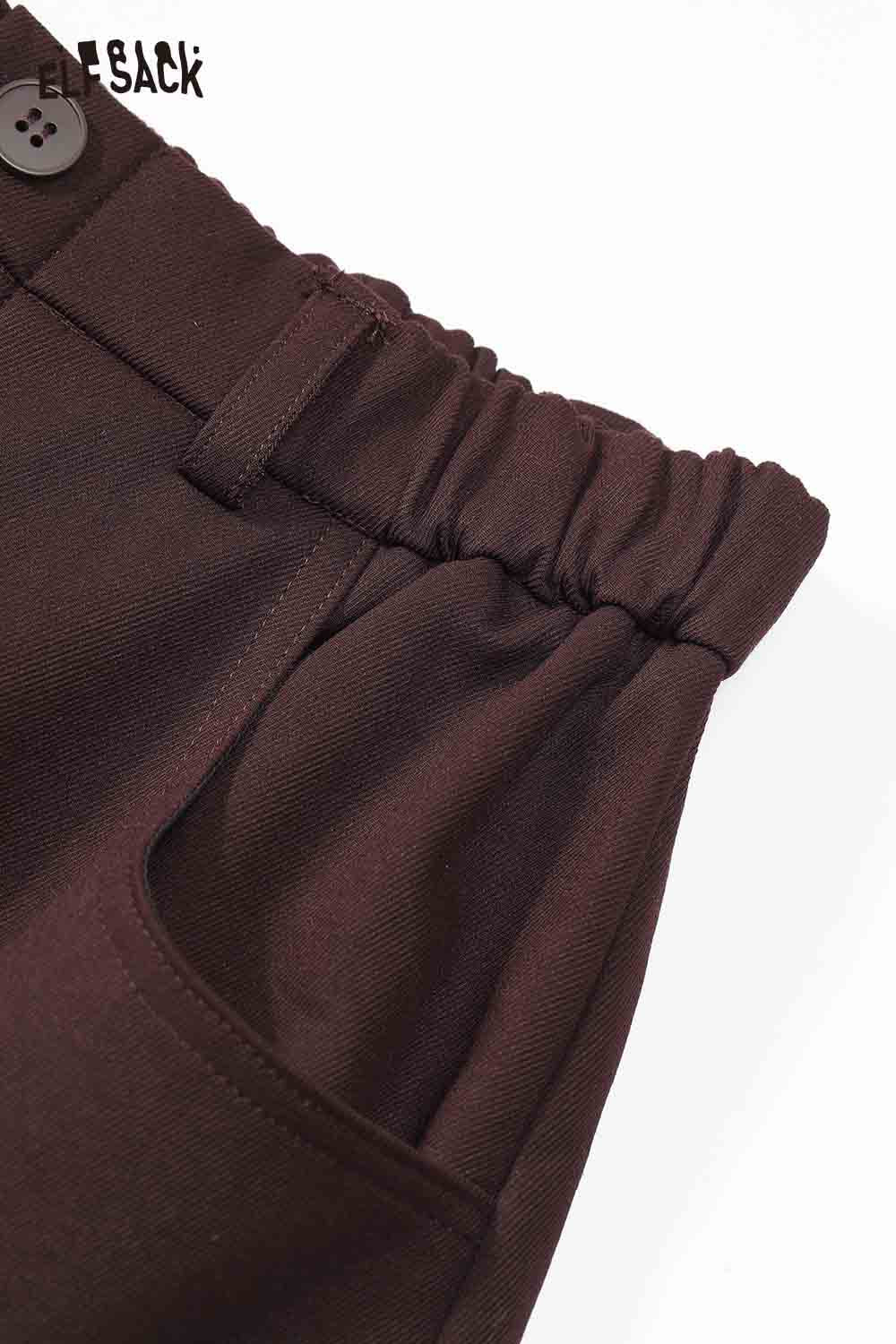ELFSACK minimalist cargo pants for women in brown with elastic waistband and side pockets