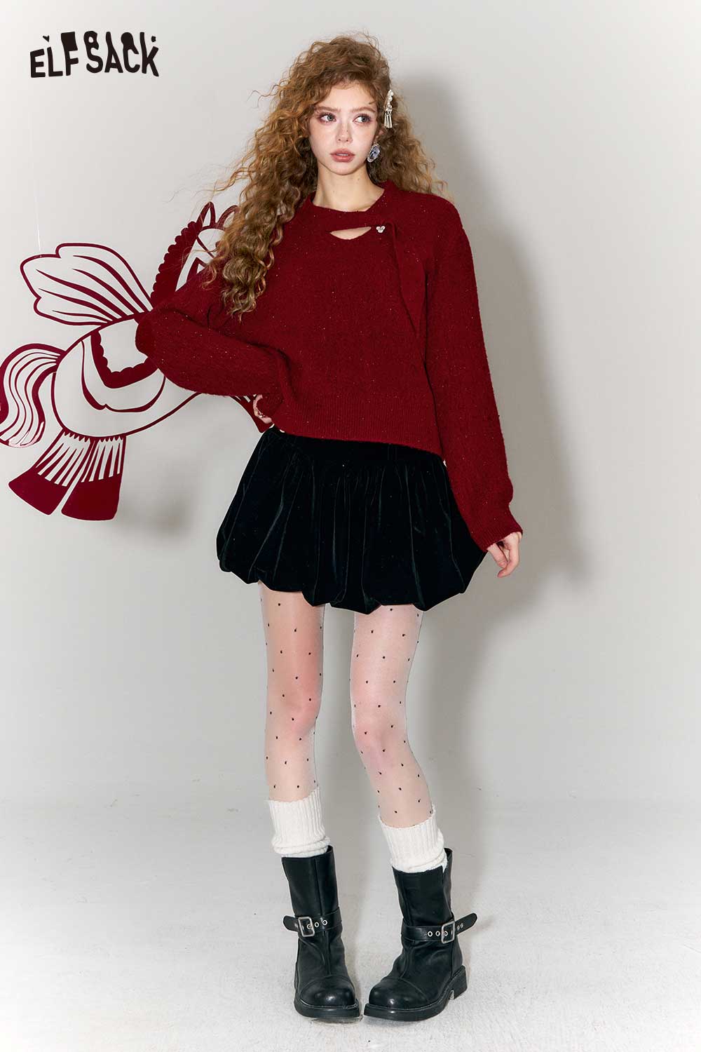 ELFSACK minimalist cropped sparkle sweater in burgundy styled with black velvet skirt and knee-high boots