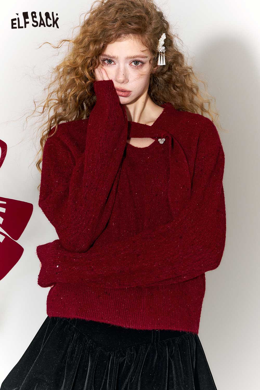 ELFSACK minimalist cropped sparkle sweater in burgundy with unique cutout design and cozy fit