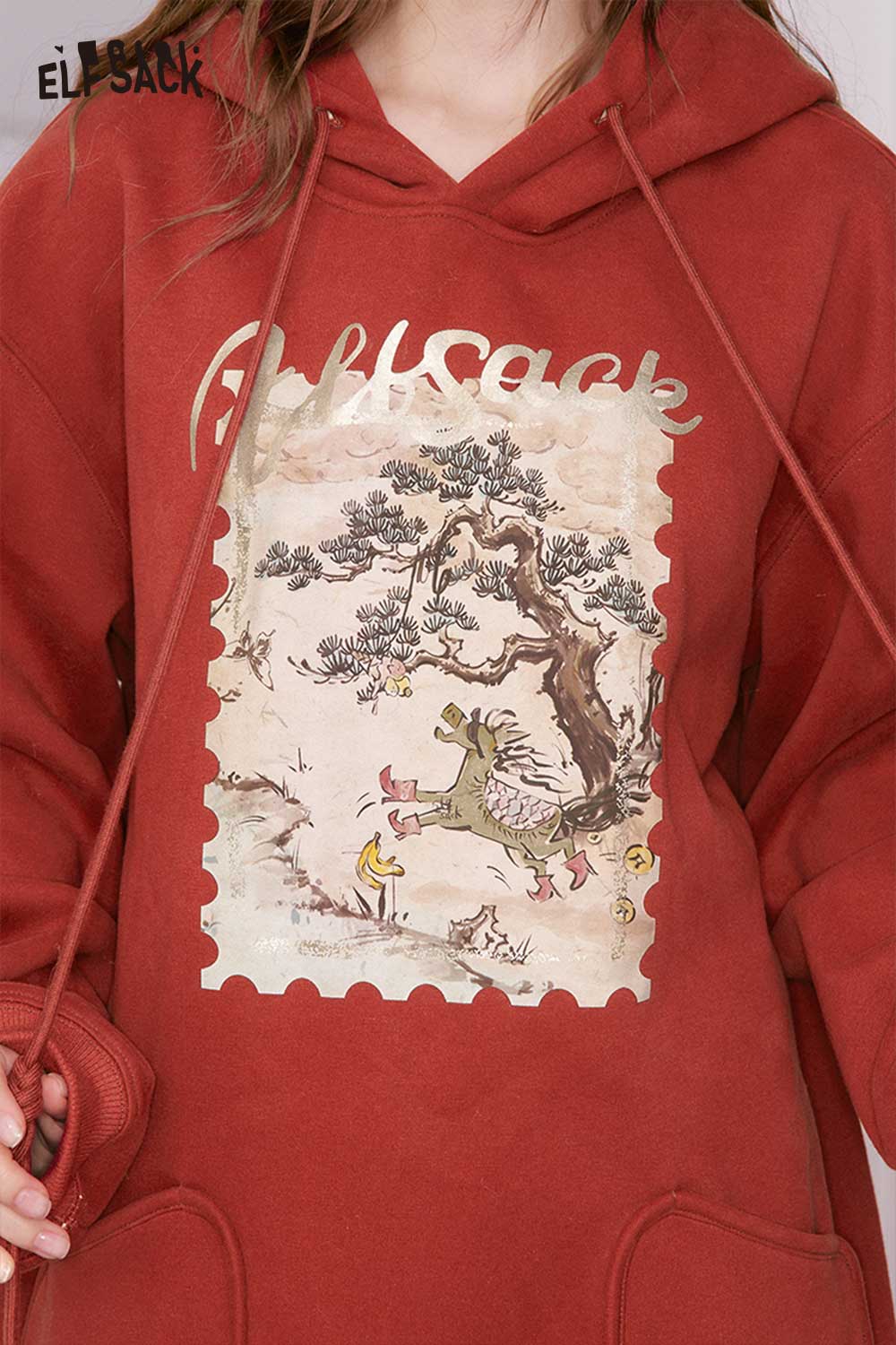 ELFSACK minimalist graphic hooded sweatshirt in rust color with artistic nature print design