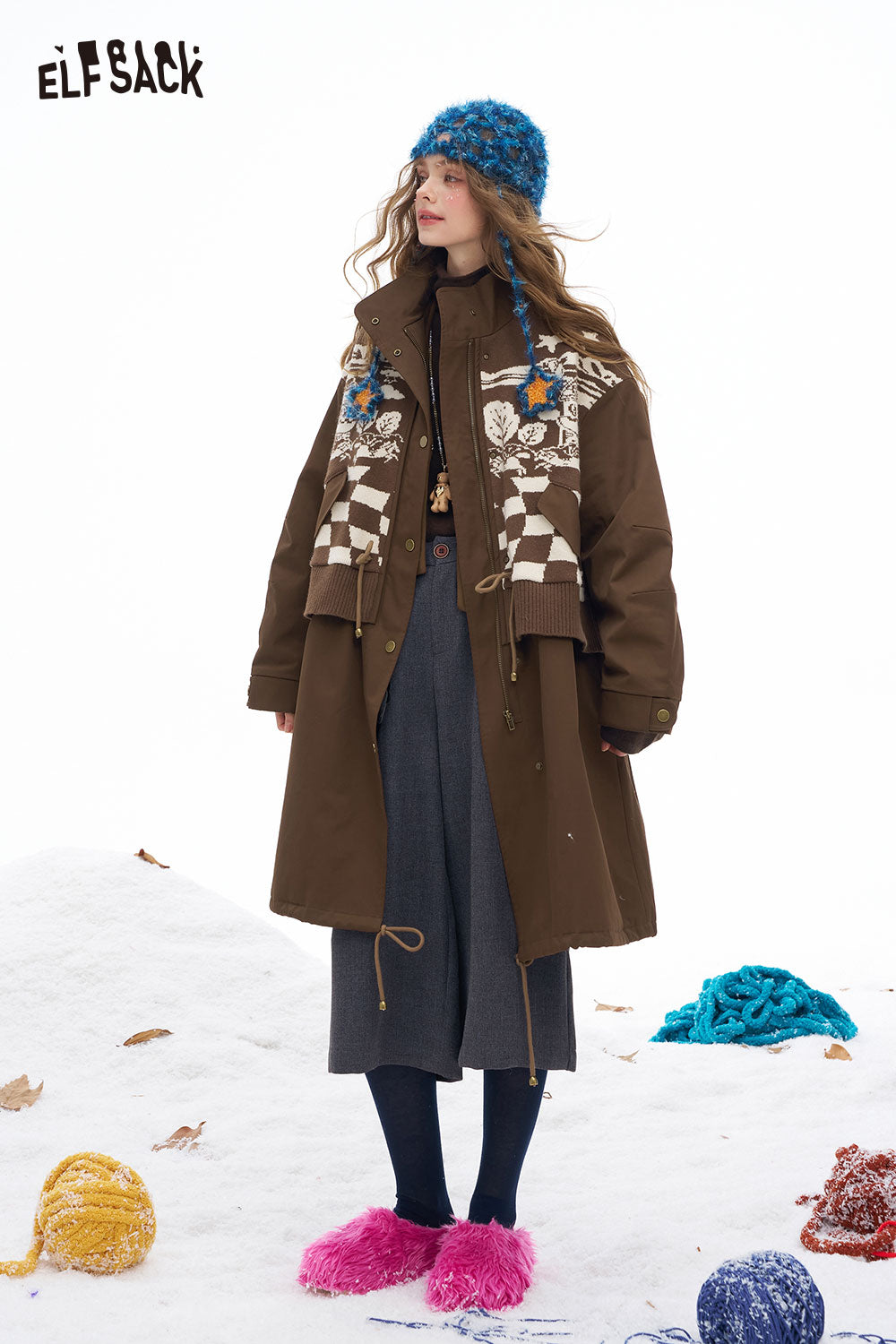 ELFSACK stylish minimalist knit long coat for women in brown with unique embroidery design