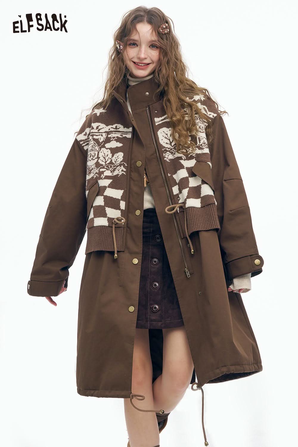 Brown ELFSACK parka coat featuring a unique design, a minimalist knit long coat for women
