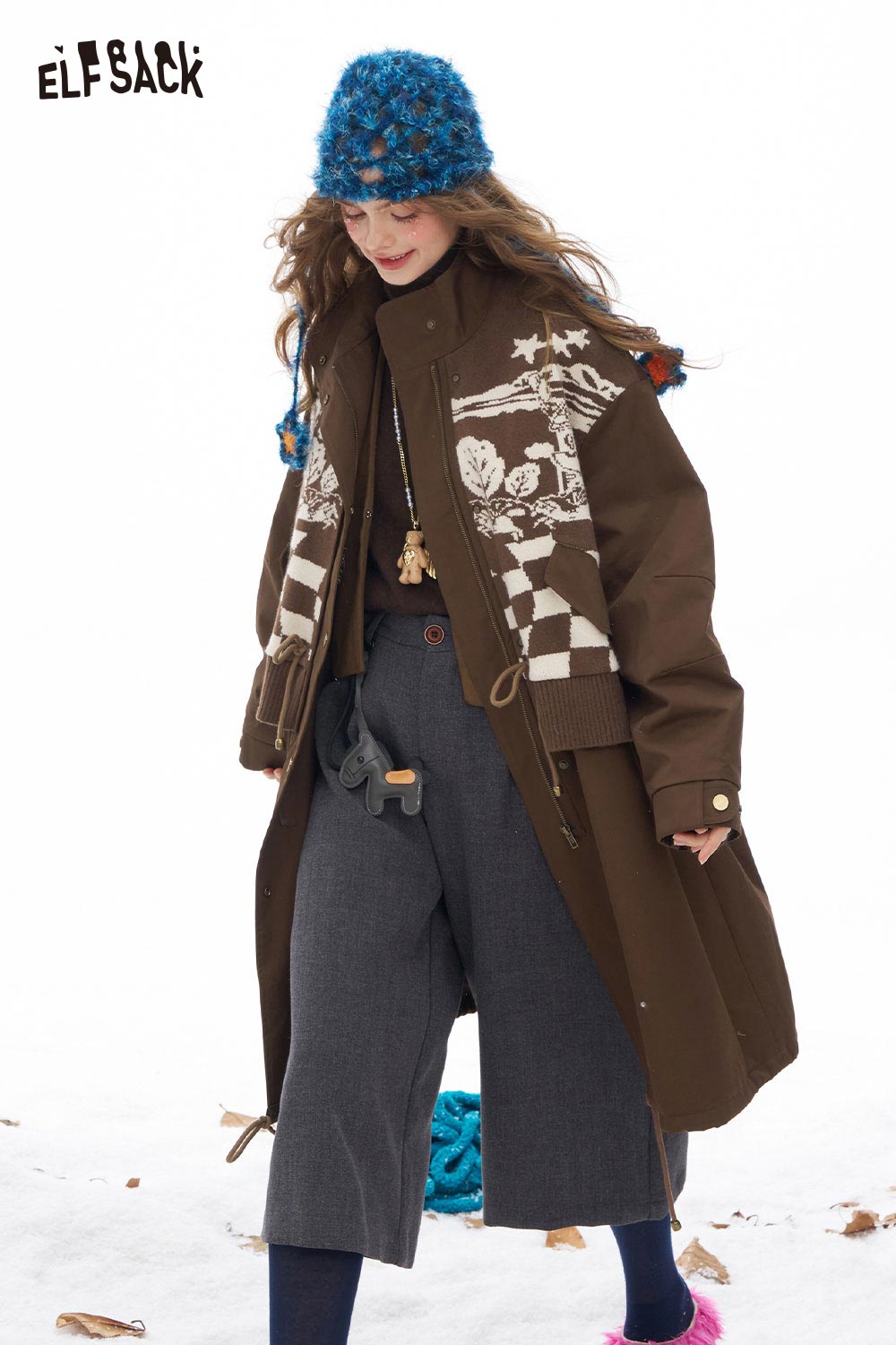 ELFSACK minimalist knit long coat for women in brown with unique embroidered design and relaxed fit