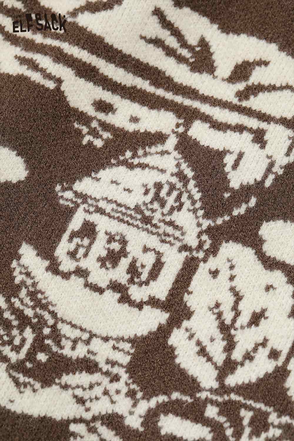 ELFSACK minimalist knit long coat for women featuring a stylish brown and cream pattern