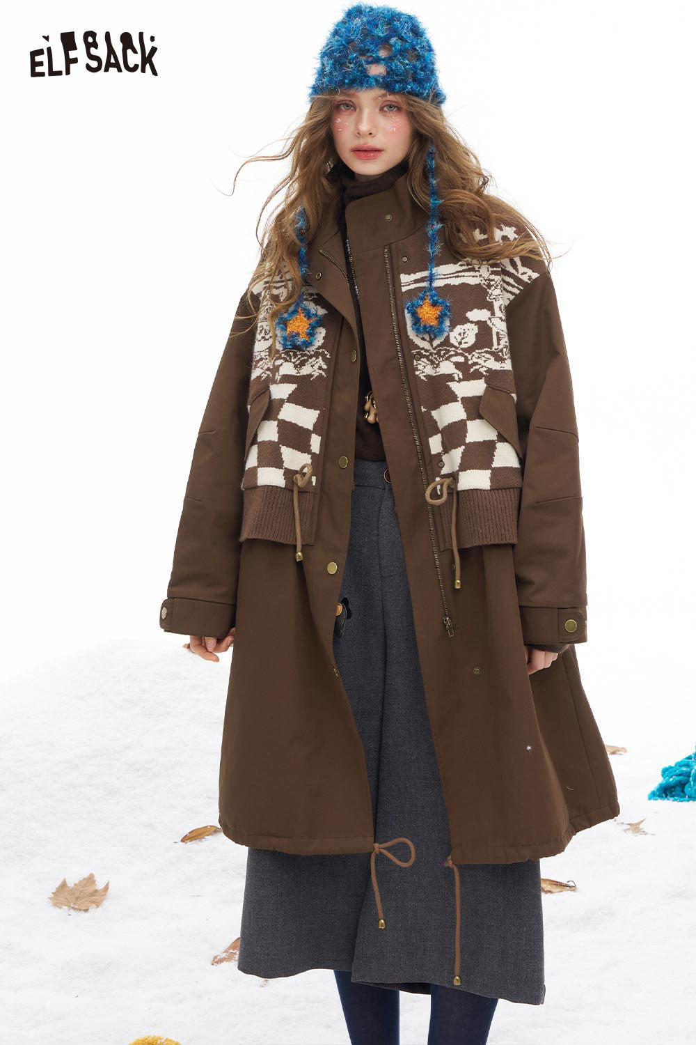 ELFSACK minimalist knit long coat for women with patterned design and warm winter styling