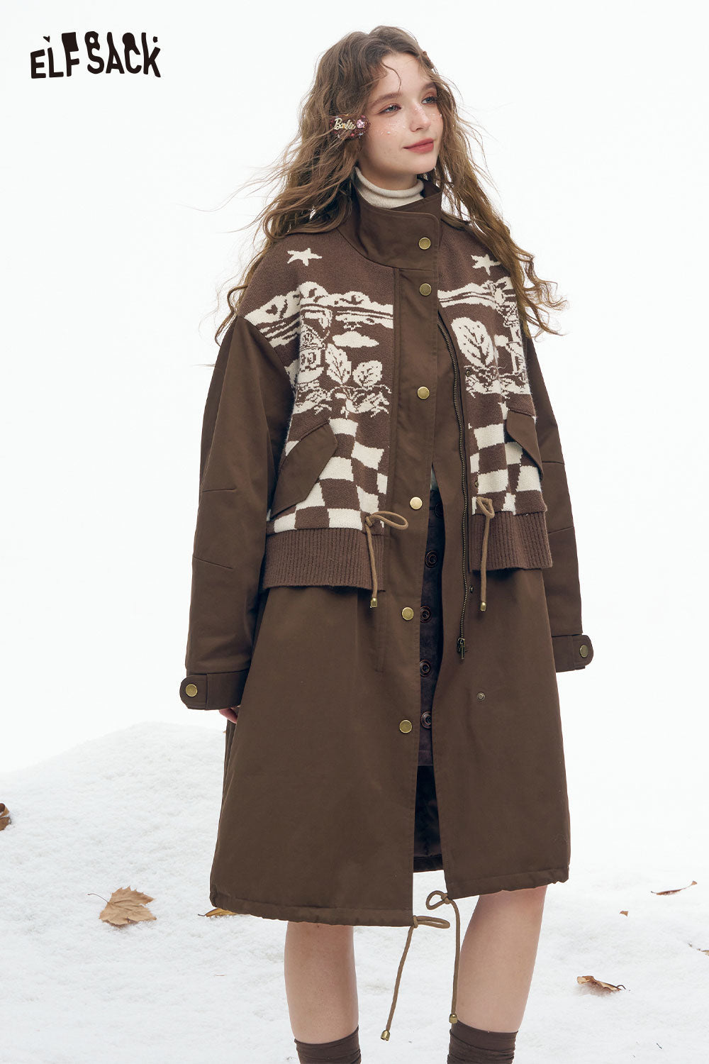 ELFSACK minimalist knit long coat for women in brown with artistic design and button closure