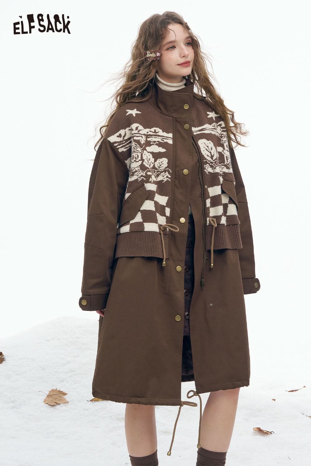 ELFSACK minimalist knit long coat for women in brown with artistic design and button closure