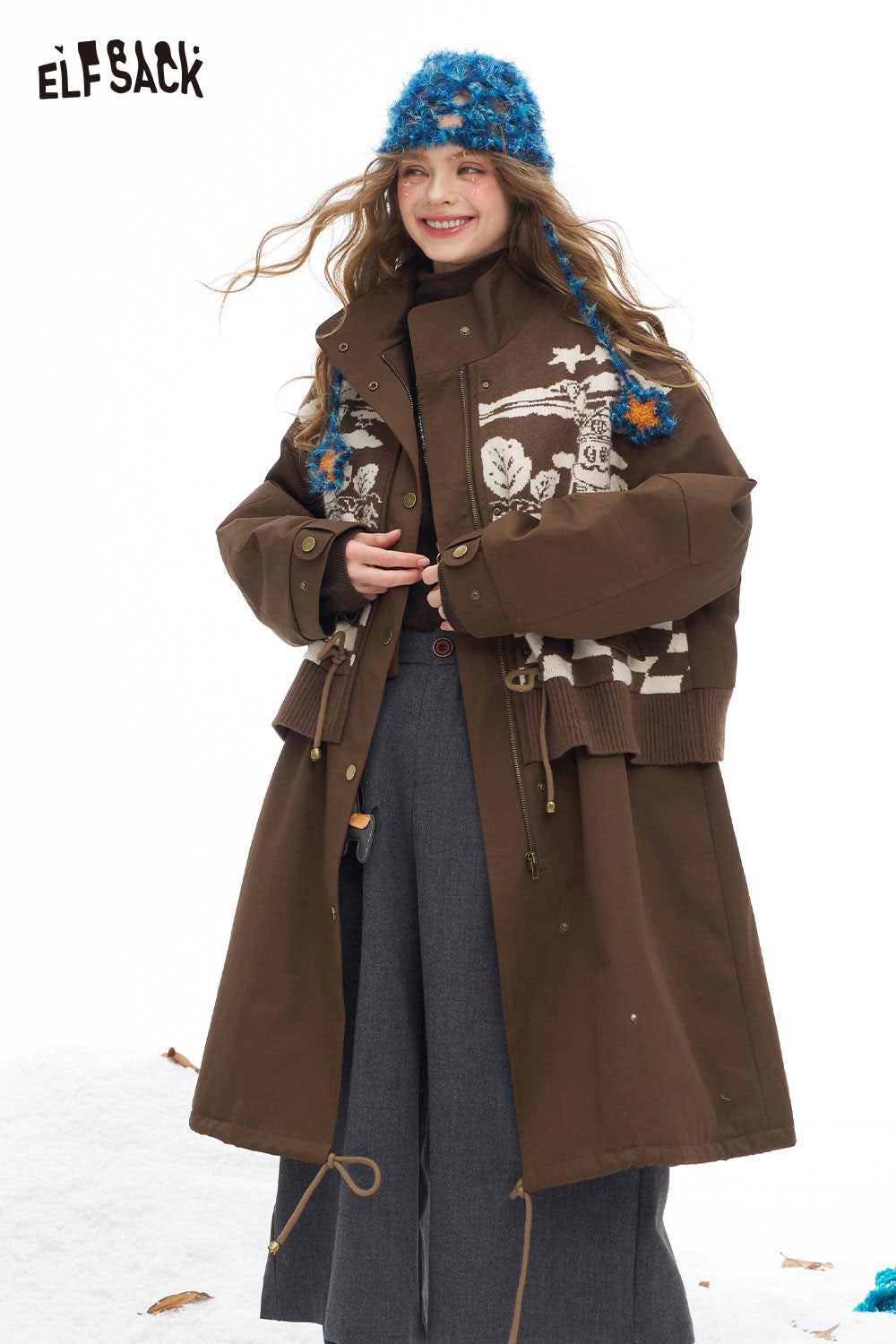 ELFSACK minimalist knit long coat for women in brown with stylish floral design for winter fashion