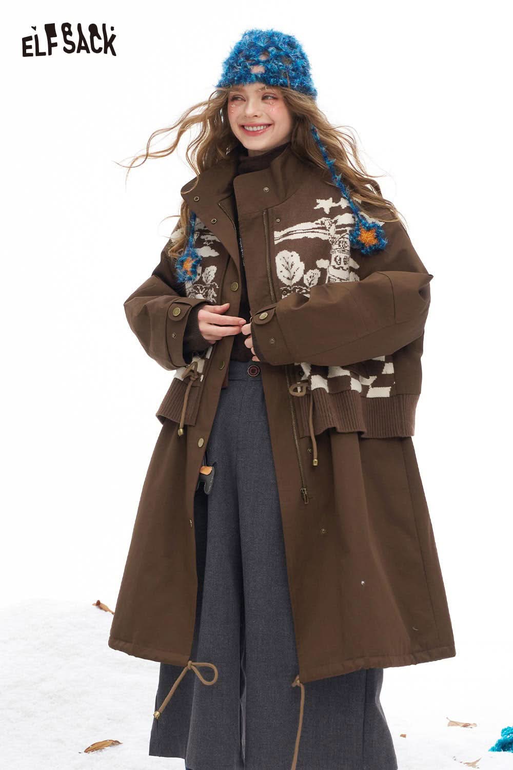 ELFSACK minimalist knit long coat for women in brown with stylish floral design for winter fashion